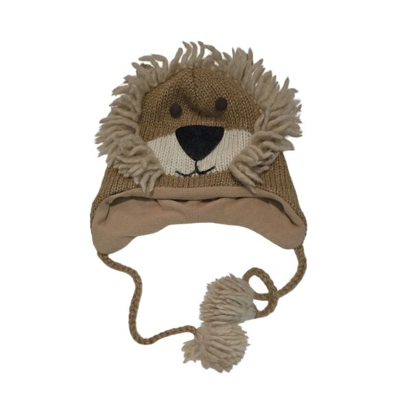 Lion-Themed Knit Winter Hat Ear Flaps & Pom-Poms By DeLux  80% Wool & 20% Nylon - Picture 1 of 7